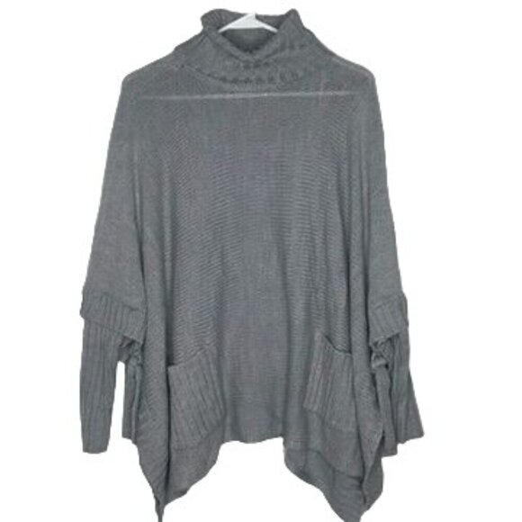 Alga Womens S/M Gray Knit Poncho Sweater Oversized Pockets Boho Boxy Open Sides - Picture 2 of 14
